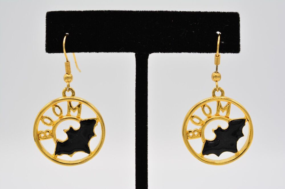 Vintage Halloween Earrings BOOM BAT Flying Black Enamel Gold Tone 1980s BinAI